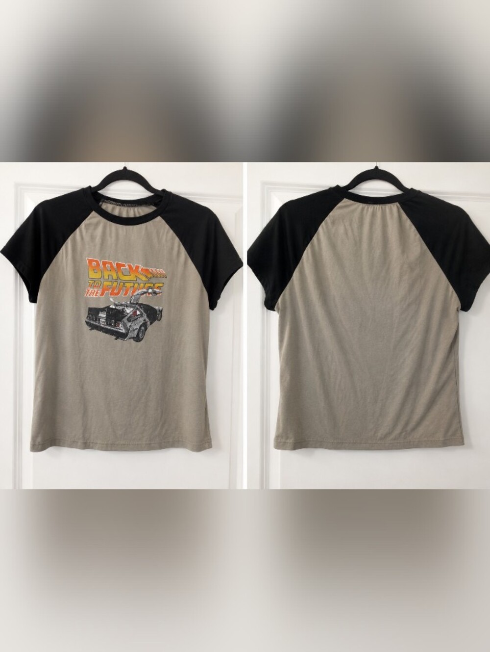 90s Baby Tee Back to the Future Raglan Tee - Gray & Black Size Large Petite
